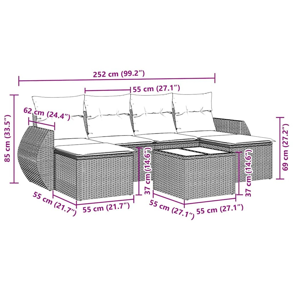 Rattan-Sofa-Set für den Außenbereich mit Maßen. Ein Couchtisch ist ebenfalls vorhanden.