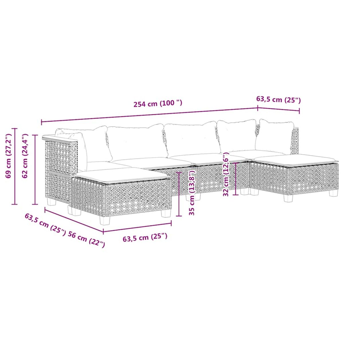 Set divano in vimini con dimensioni. Include componibile, cuscini e braccioli.