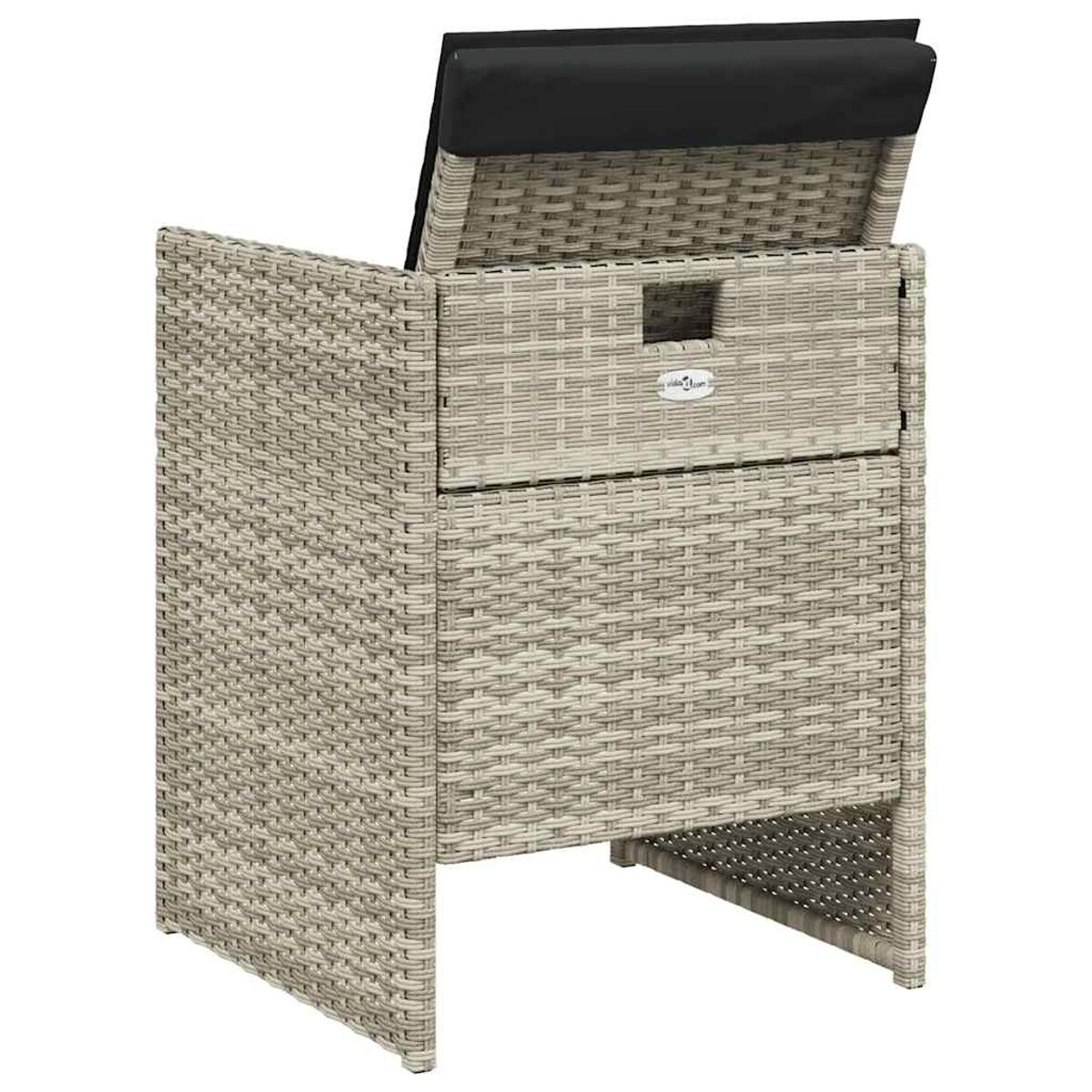 Wicker-Aufbewahrungsstuhl mit schwarzem Kissen und Schublade, von hinten gesehen.