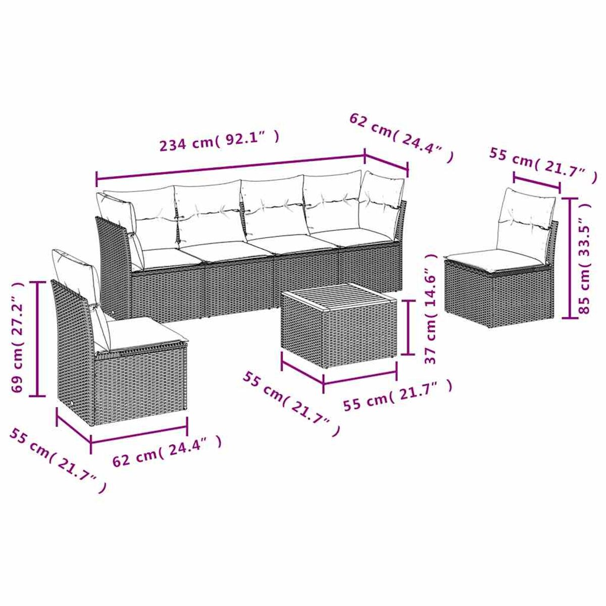 Un divano in rattan, due sedie e un tavolo quadrato, tutti con dimensioni etichettate.