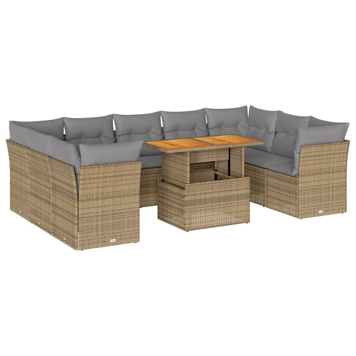 Divano componibile da esterno in vimini beige con cuscini grigi e tavolo elevabile con piano in legno.