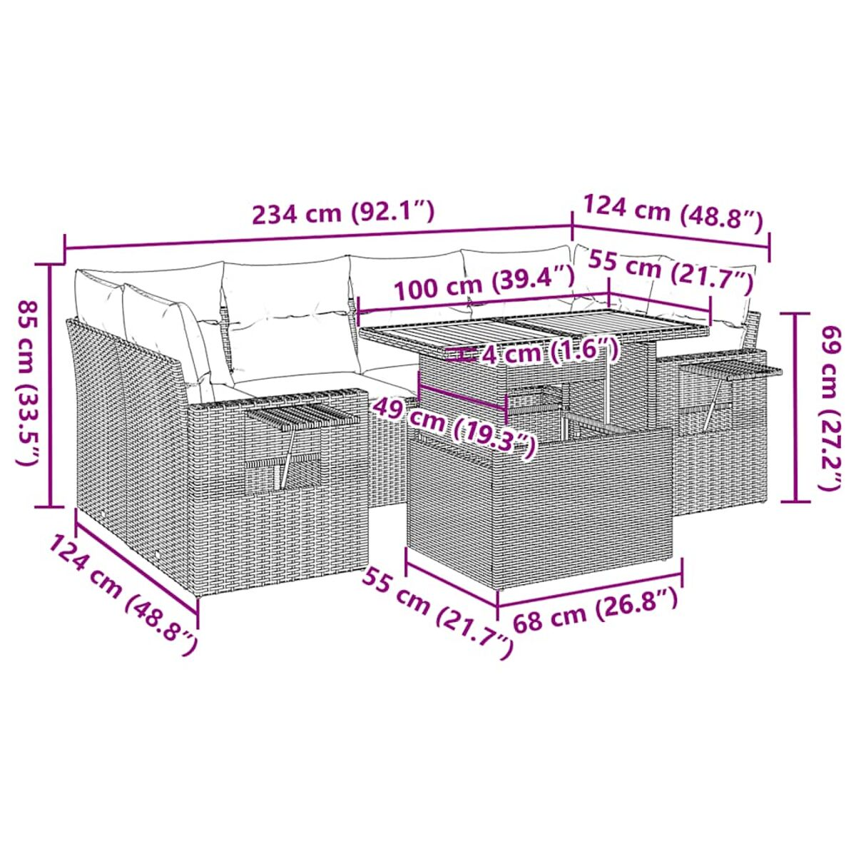 Set di mobili da esterno in vimini con dimensioni: divano, tavolo e sedute a cubo.