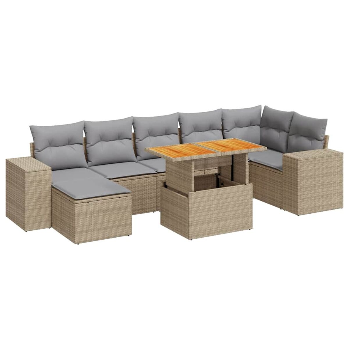 Divano componibile beige da esterno con cuscini grigi e tavolino da caffè in legno con piano rialzabile.