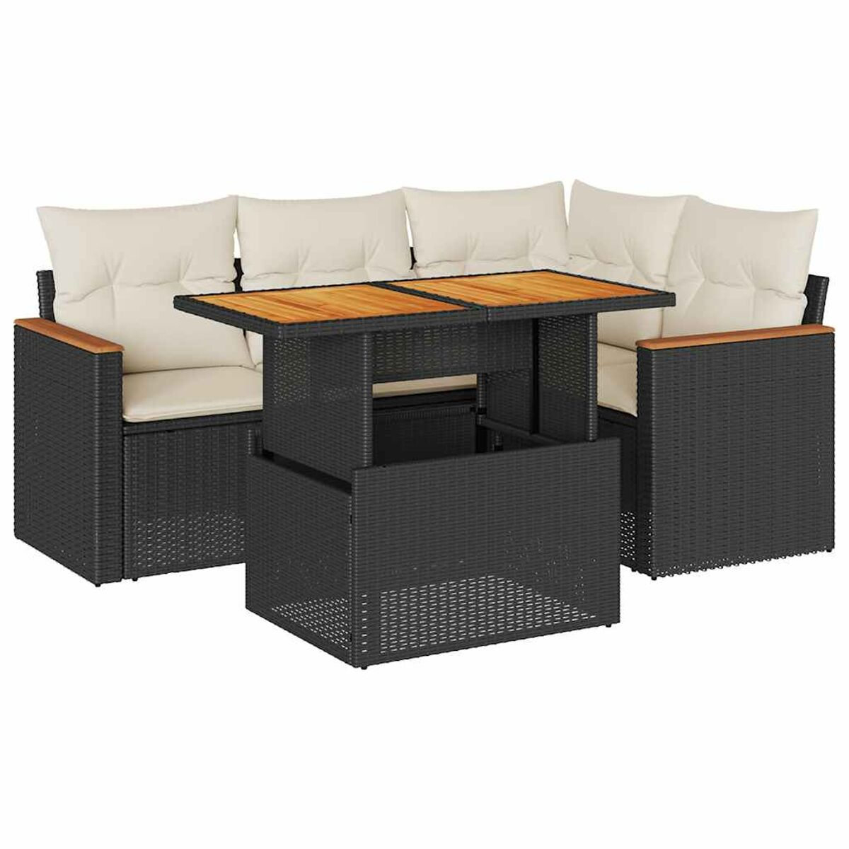 Un set di mobili da esterno neri e marroni. Include un tavolo e un divano angolare con cuscini beige.