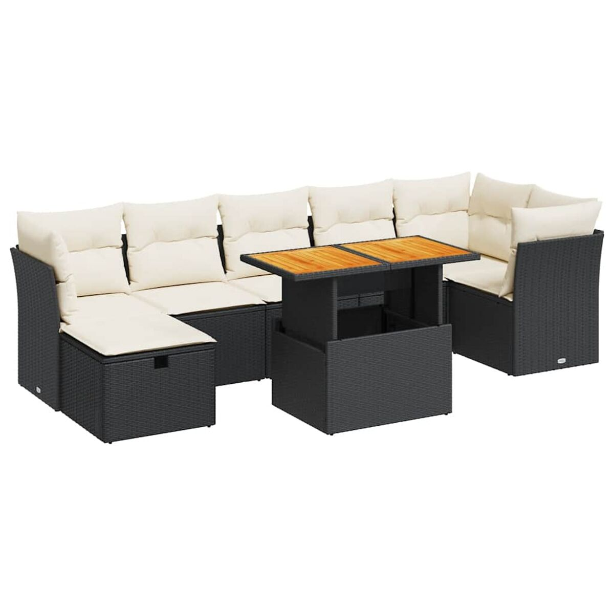 Divano componibile in vimini grigio scuro con cuscini color crema e tavolino elevabile con piano in legno.