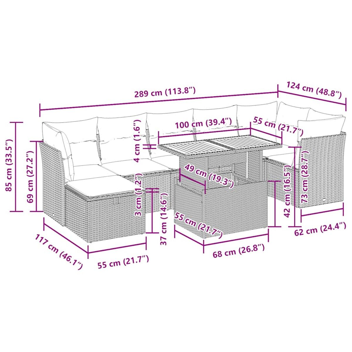 Set di mobili da giardino in rattan con dimensioni etichettate.