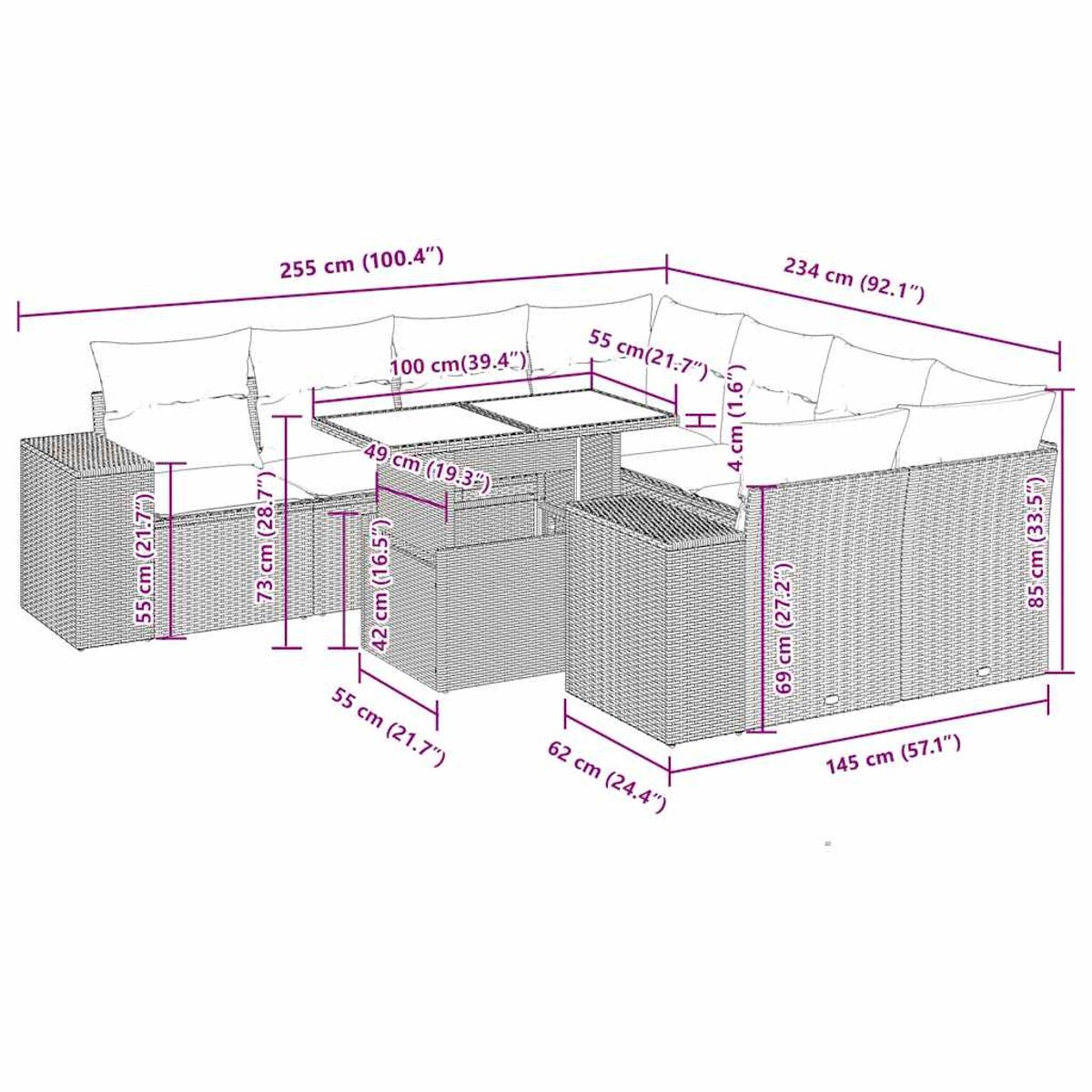 Set di mobili in vimini per esterni. Dimensioni etichettate. Include divano, tavolo e sedie.