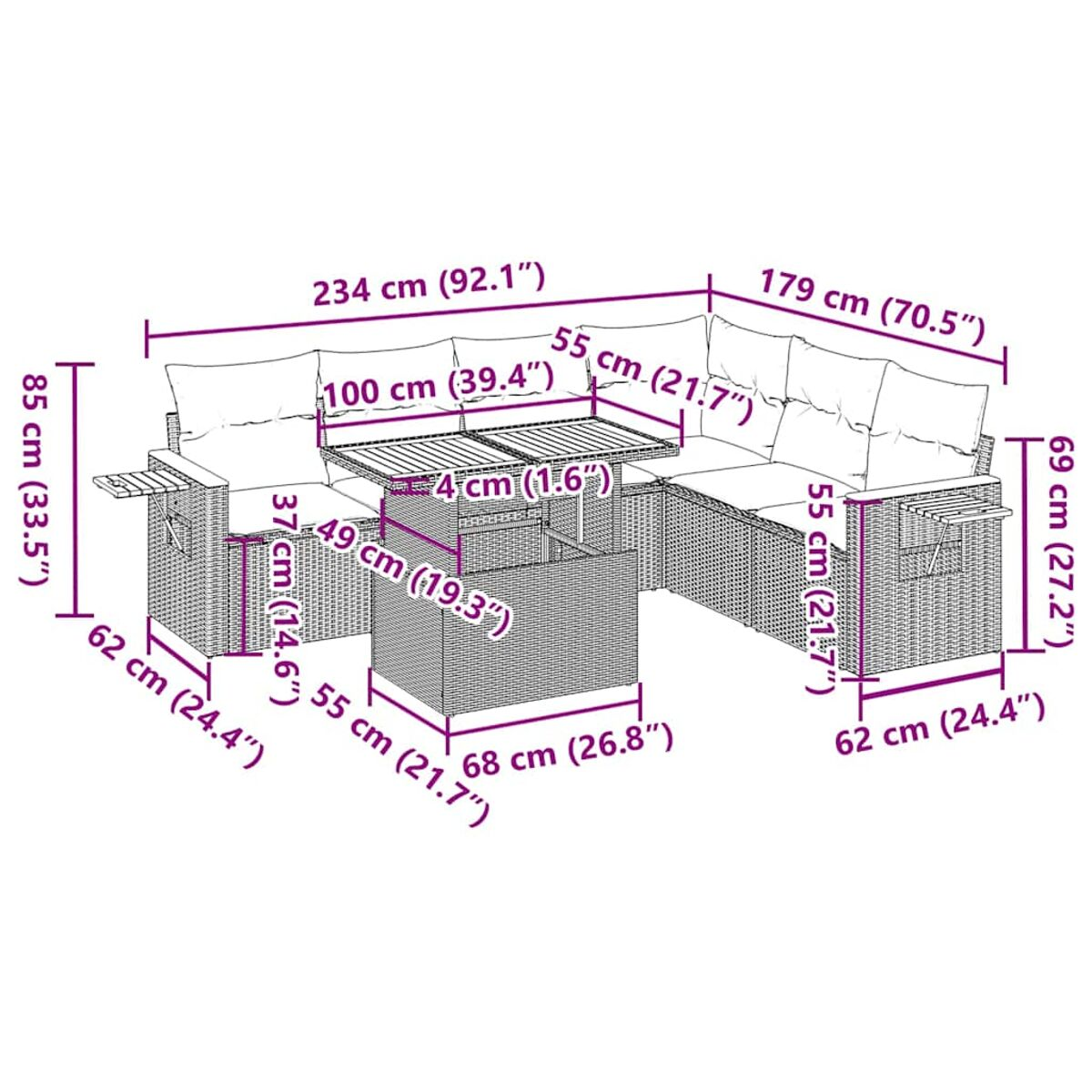 Ein Ecksofa und Tisch aus Rattan mit Maßangaben. Das Sofa ist hellbraun mit weißen Kissen.