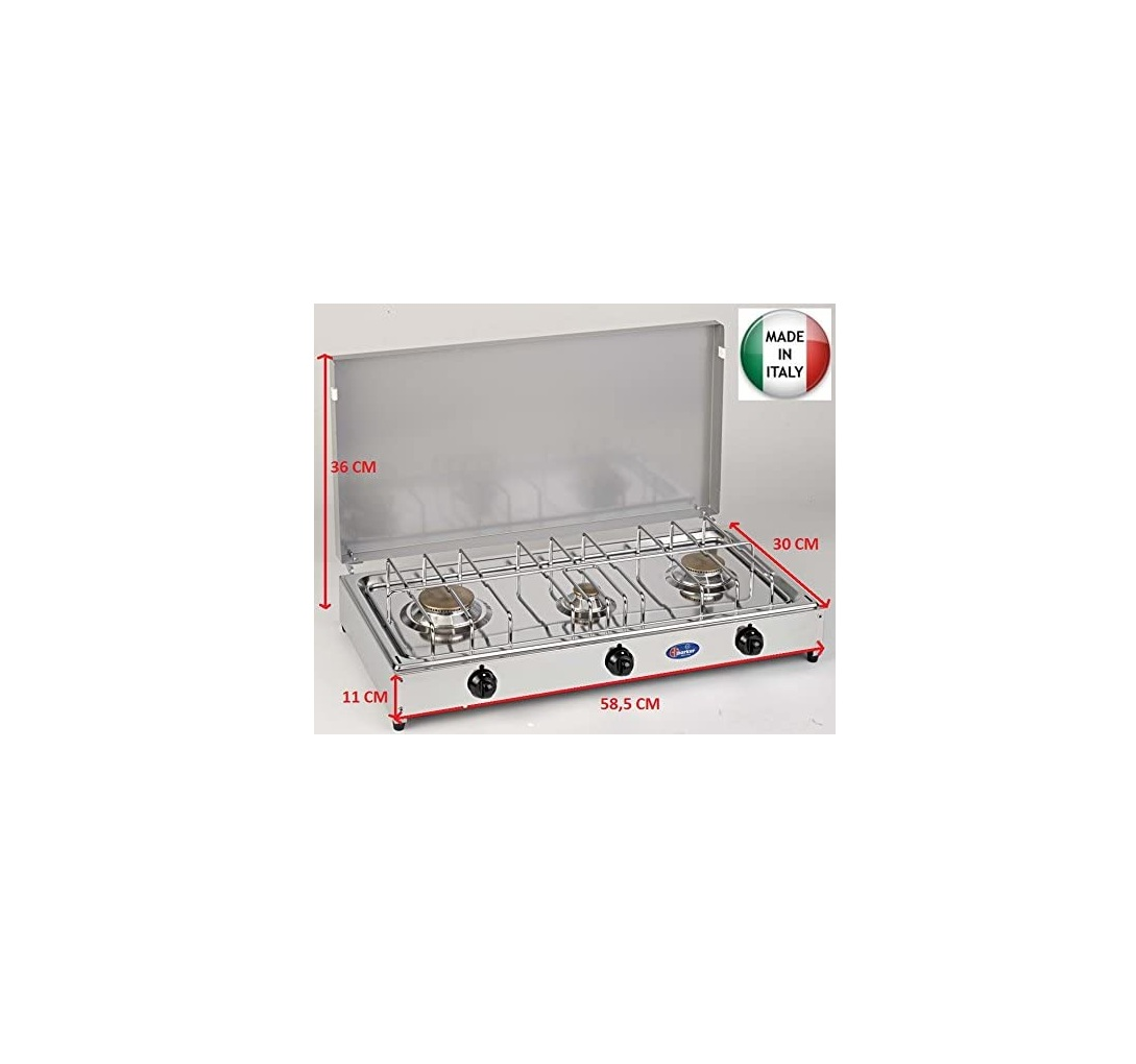 Fornello a gas a 3 fuochi in acciaio inox con coperchio, dimensioni. Made in Italy.