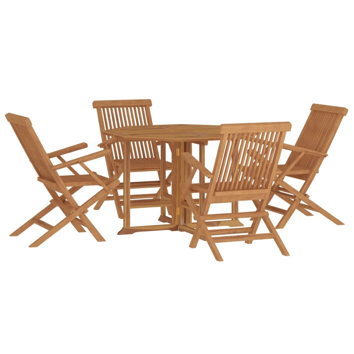 Holz-Essgruppe für den Außenbereich mit Tisch und vier Stühlen, alles auf weißem Hintergrund.