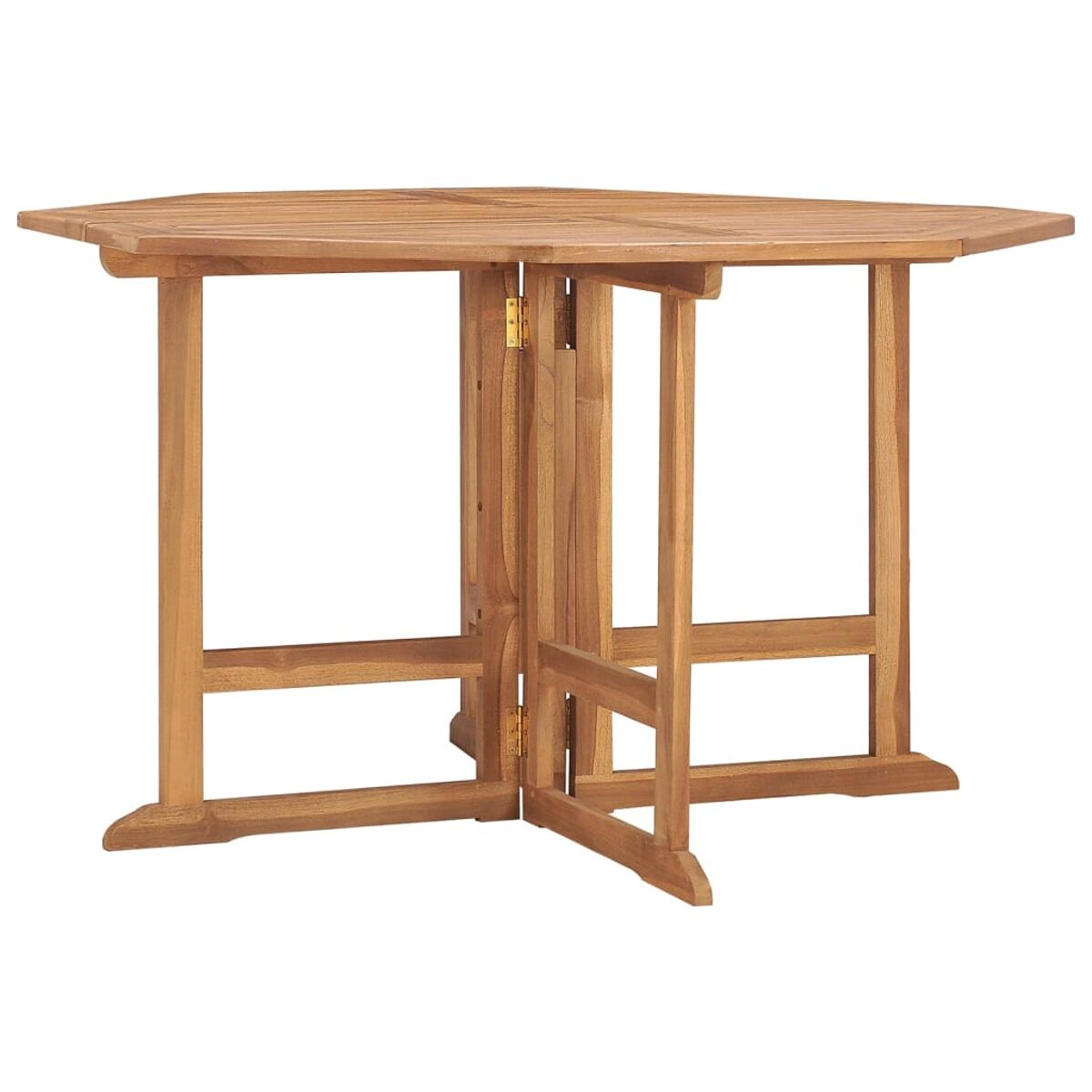 Klapptisch aus Holz mit sechseckiger Oberseite, geöffnet und einsatzbereit. Beine sichtbar.