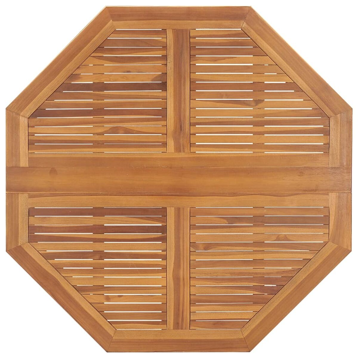 Ein achteckiger Holztisch, Draufsicht, zeigt sein Lattenrost-Design.