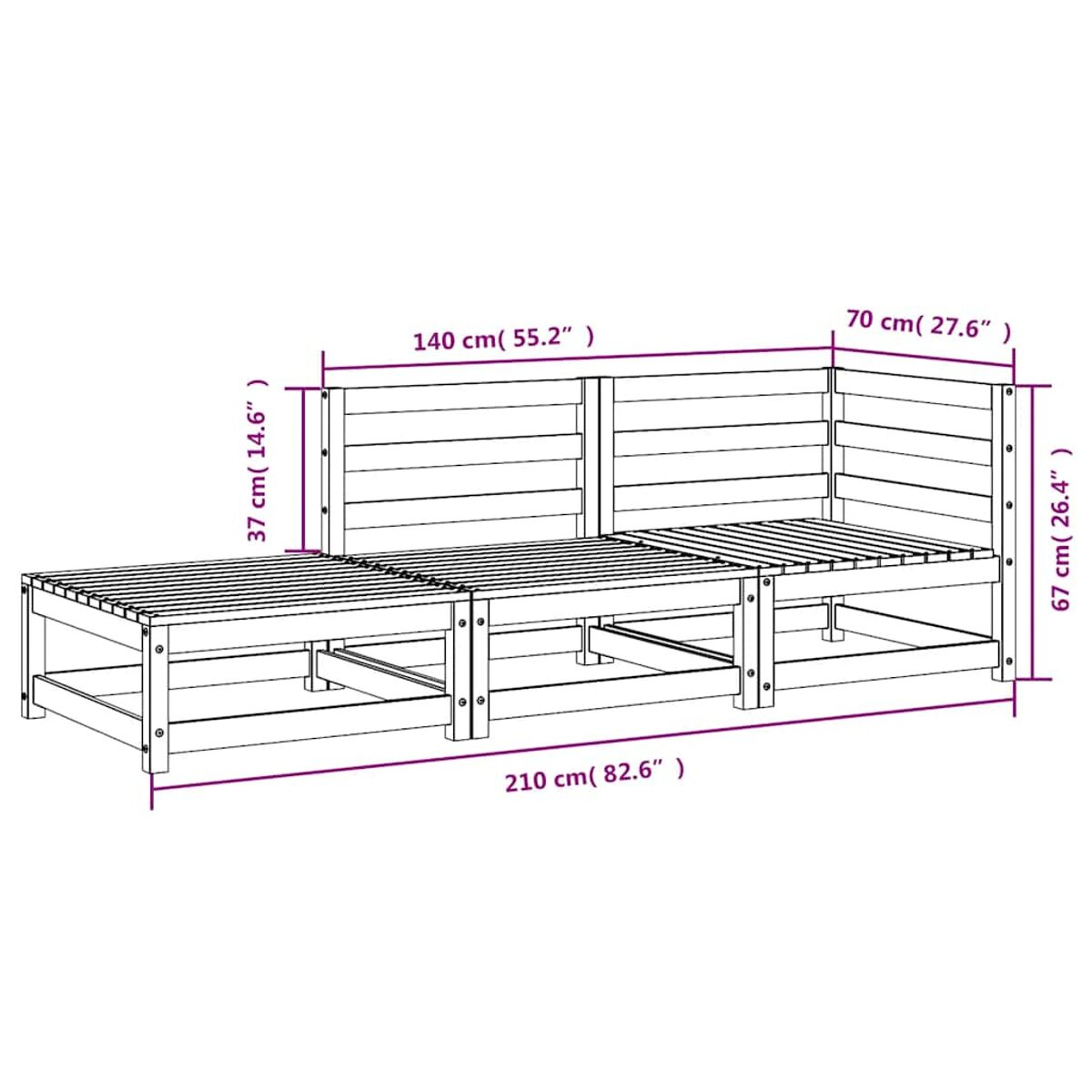 Bettrahmen aus Holz mit Maßen. Das Bett besteht aus Holzbrettern mit sichtbaren Abmessungen.