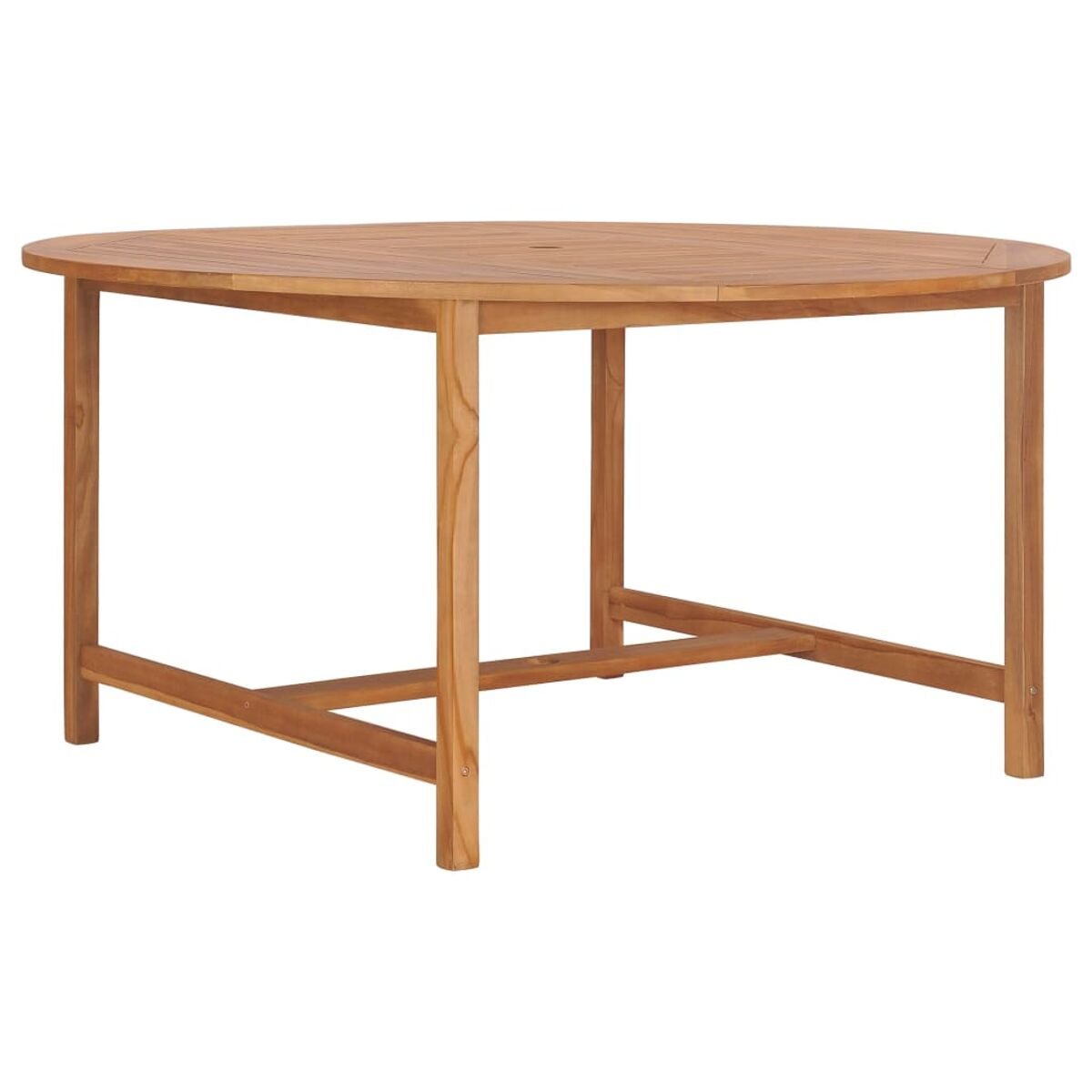 Ein runder Holztisch für den Außenbereich mit vier Beinen. Die Oberseite hat ein kreisförmiges Muster.