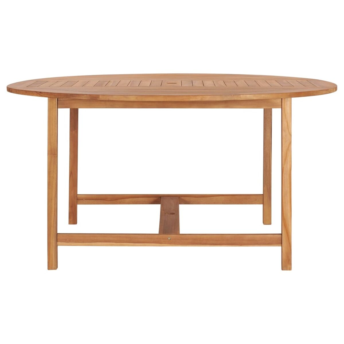 Ein ovaler Holztisch für den Außenbereich mit Lattenrost und vier Beinen.