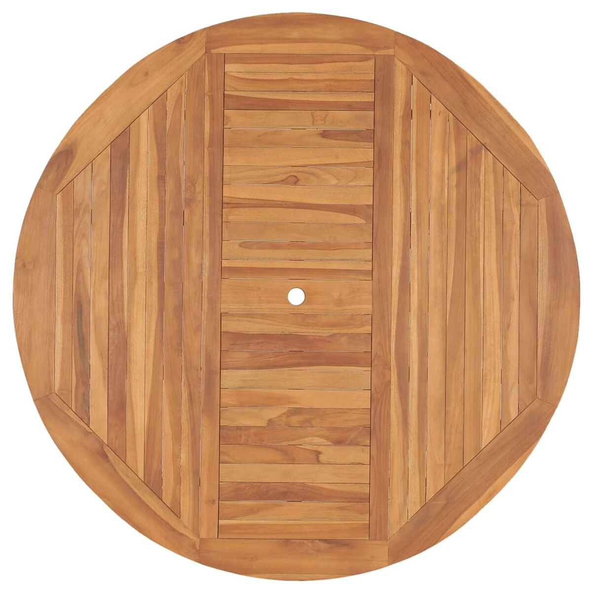Runder Holztisch für draußen mit einzigartigem Design, von oben gesehen.