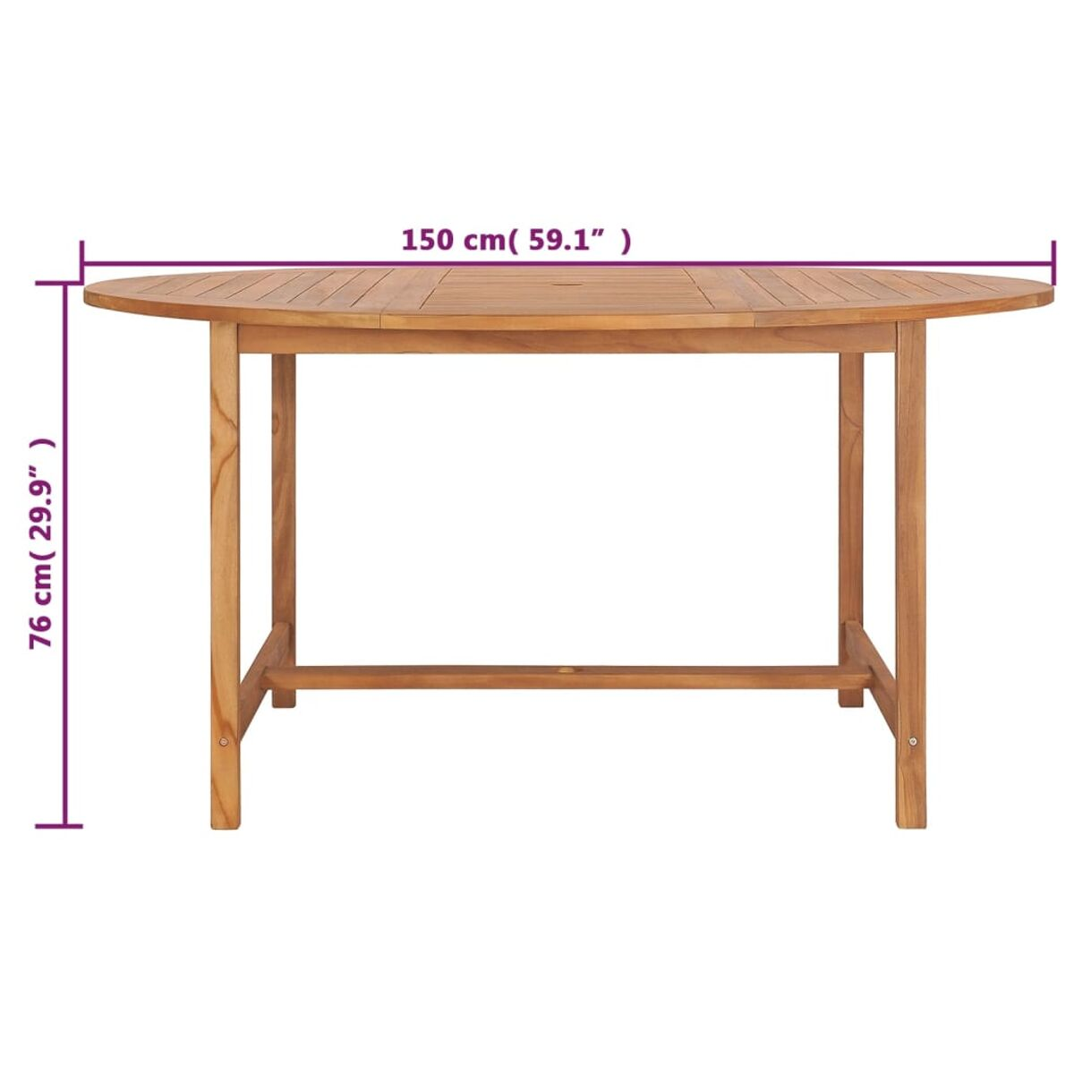 Ein hölzerner Gartentisch mit beschrifteten Abmessungen. Der Tisch ist oval und hat eine Lattenoberfläche.