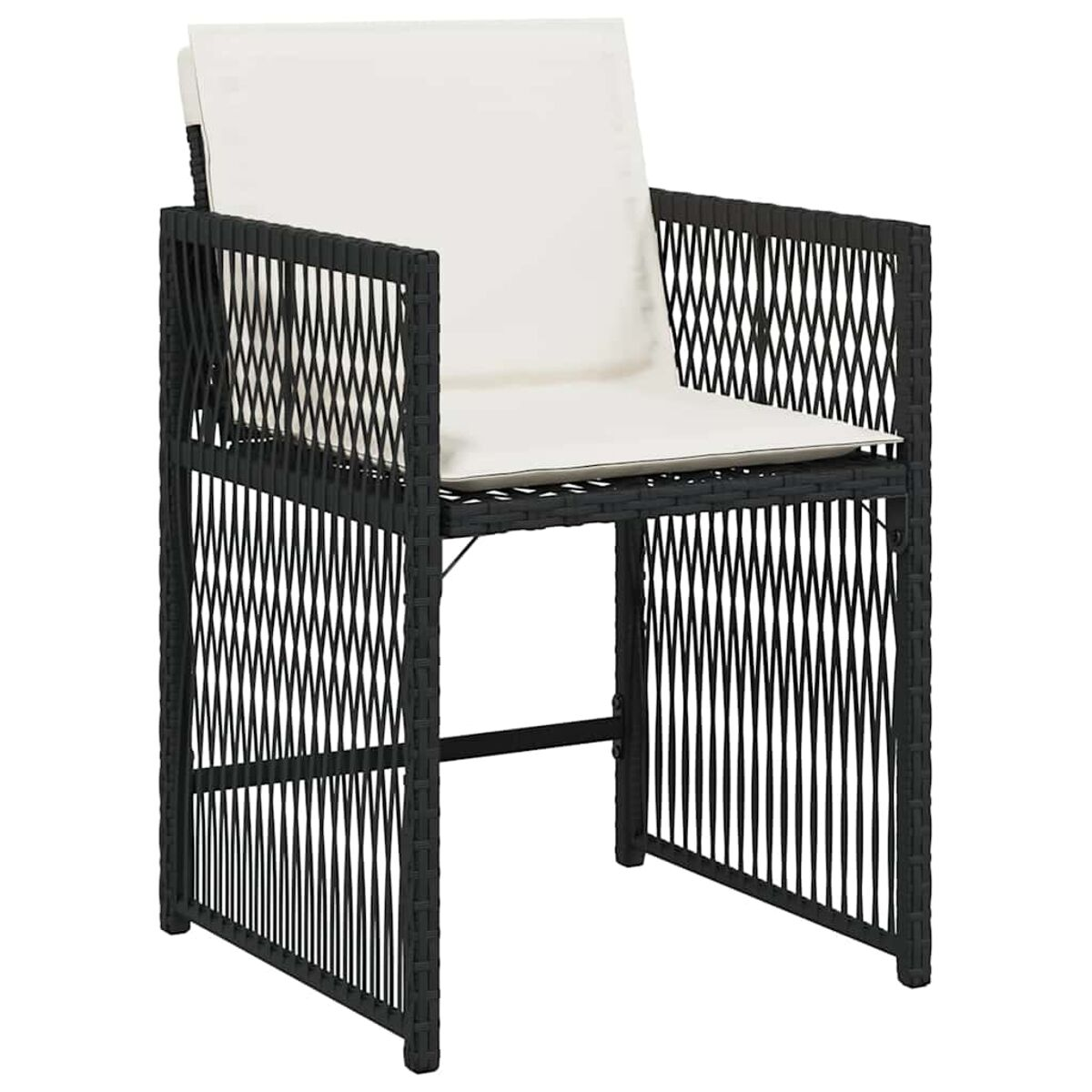 Sedia da esterno nera intrecciata con cuscino bianco e struttura quadrata.