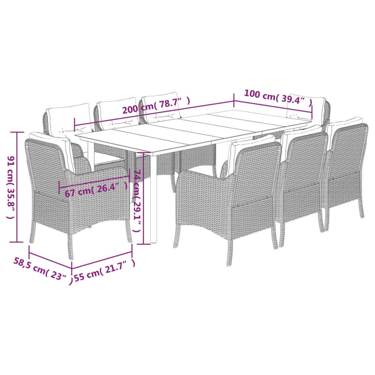 Wicker-Tisch mit 8 Stühlen. Tischabmessungen sind angegeben. Beige Kissen.
