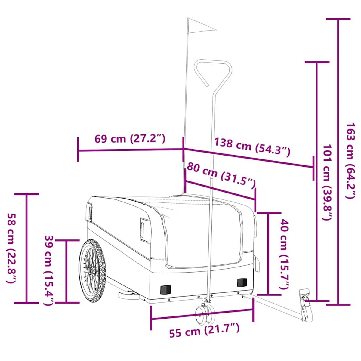 Bemaßte Zeichnung eines Fahrradanhängers mit Rädern und einer Flagge. Maße in cm und Zoll.