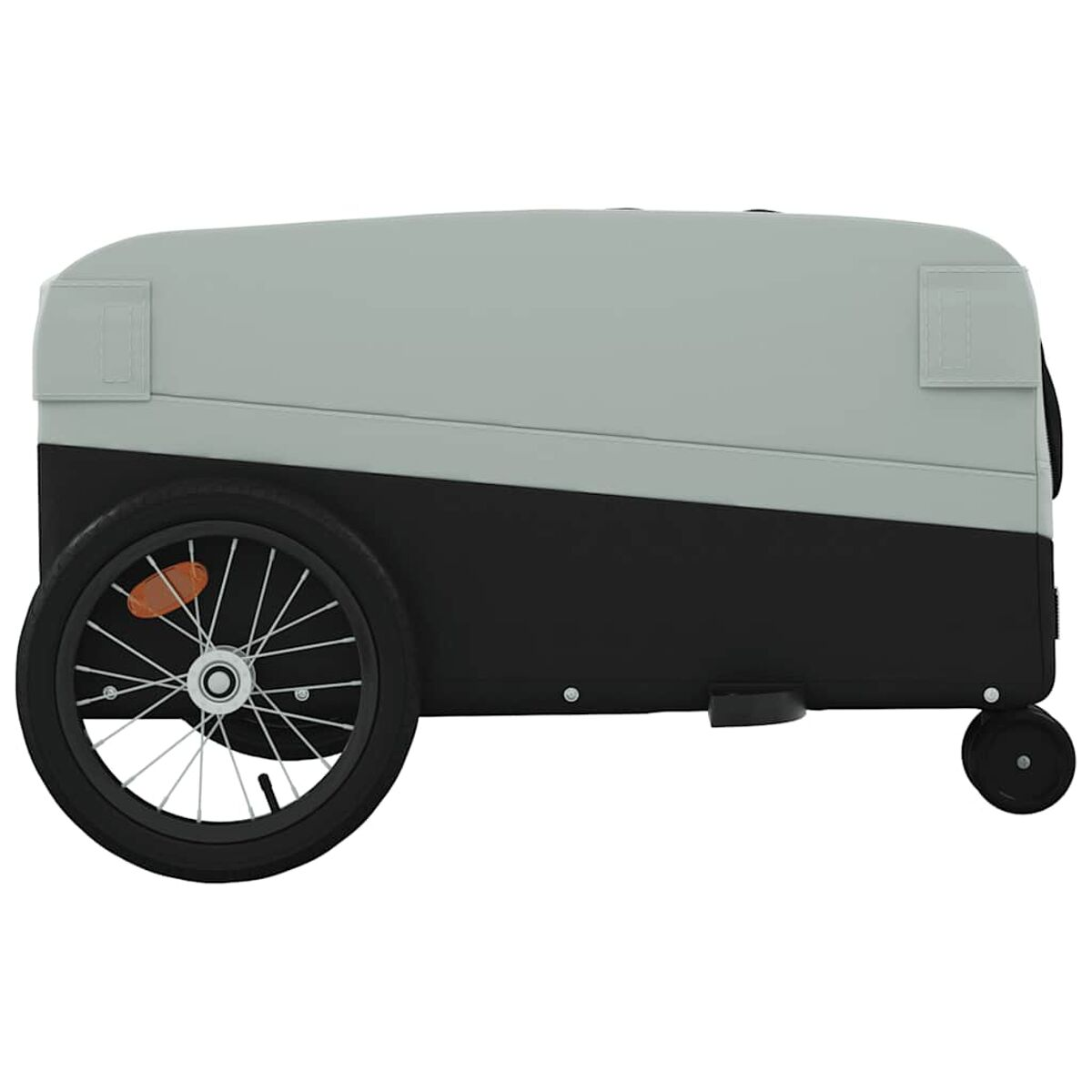 Ein grauer und schwarzer Anhänger mit Rad, zum Transport von Gütern.