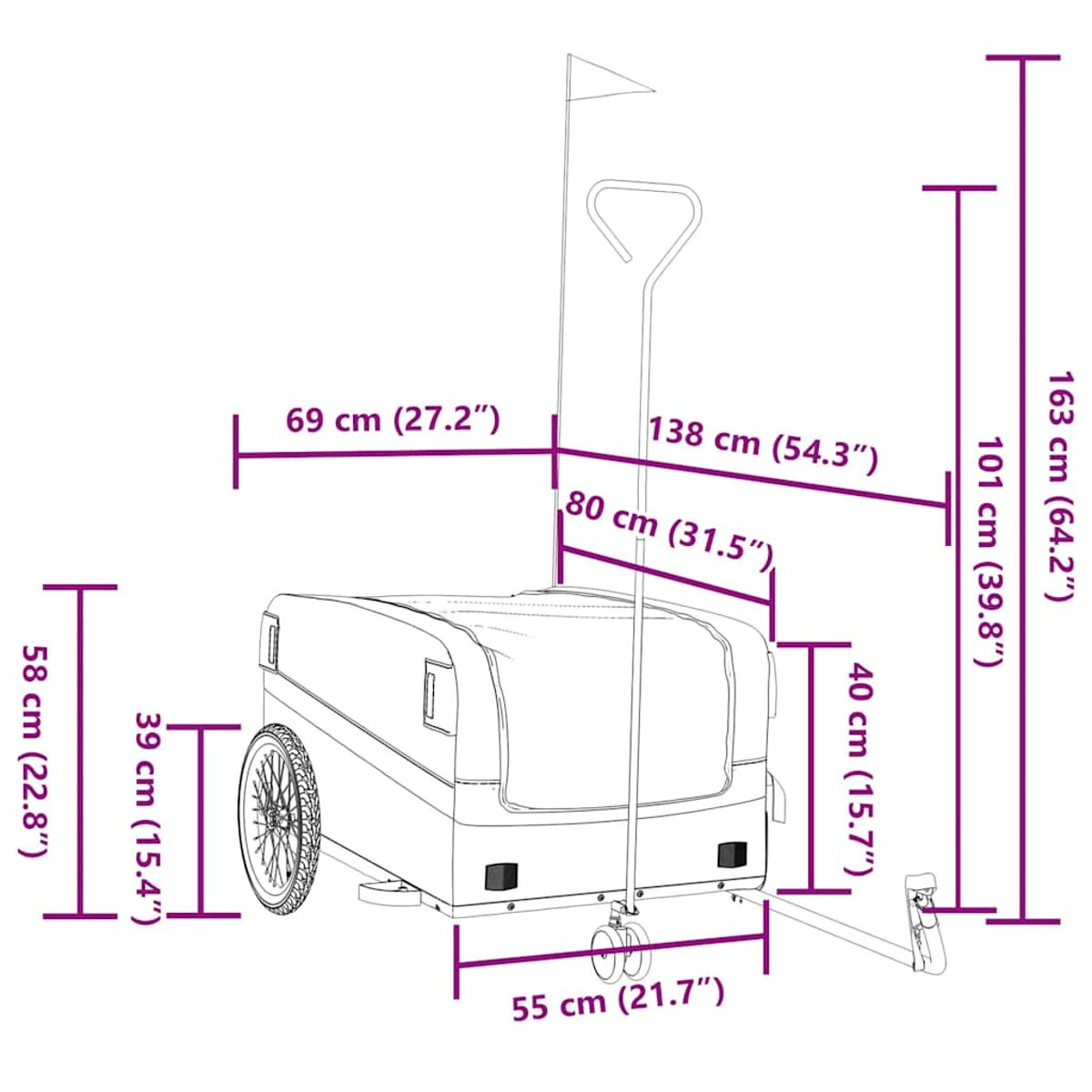 Diagramm eines schwarzen Anhängers mit Abmessungen in cm und Zoll. Eine Flagge ist am Anhänger befestigt.