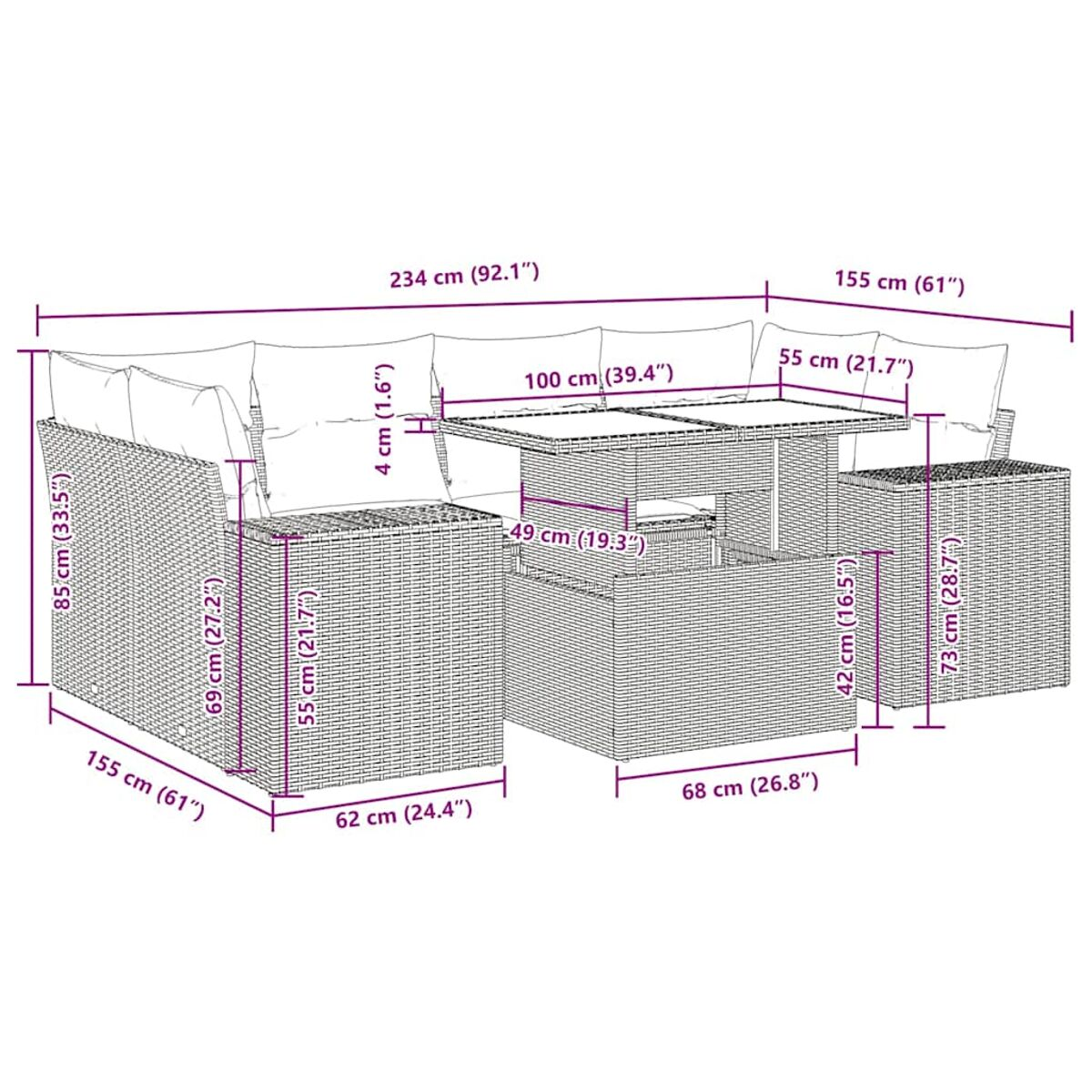 Diagramma di un set di mobili da esterno. Sono incluse le dimensioni. Il set ha un tavolo e posti a sedere.