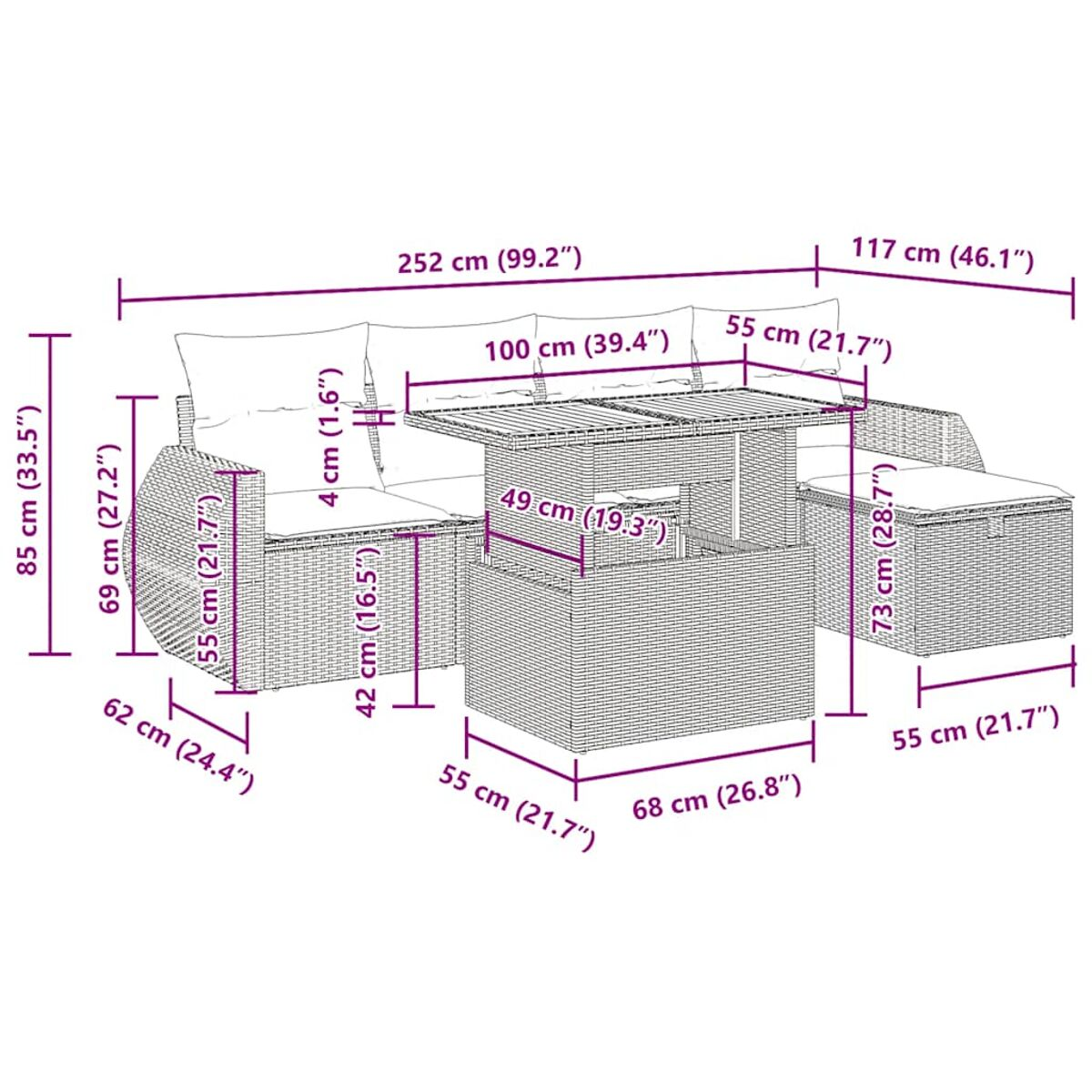 Ein geflochtenes Outdoor-Sofa-Set und Couchtisch mit Maßangaben, auf weißem Hintergrund.