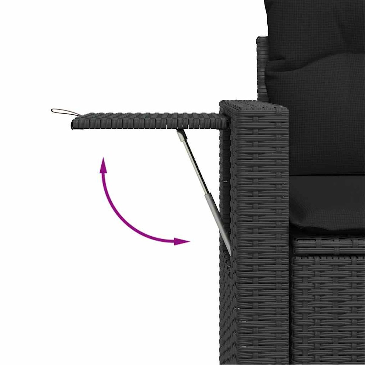 Schwarzer gewebter Outdoor-Stuhl mit einem kleinen Ausziehtisch.
