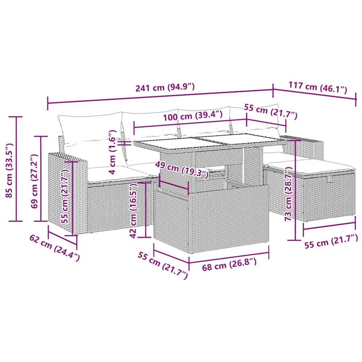 Gartenmöbel-Set mit Abmessungen, einschließlich Sofa, Tisch und Ottomane, alles aus braunem Korbgeflecht.