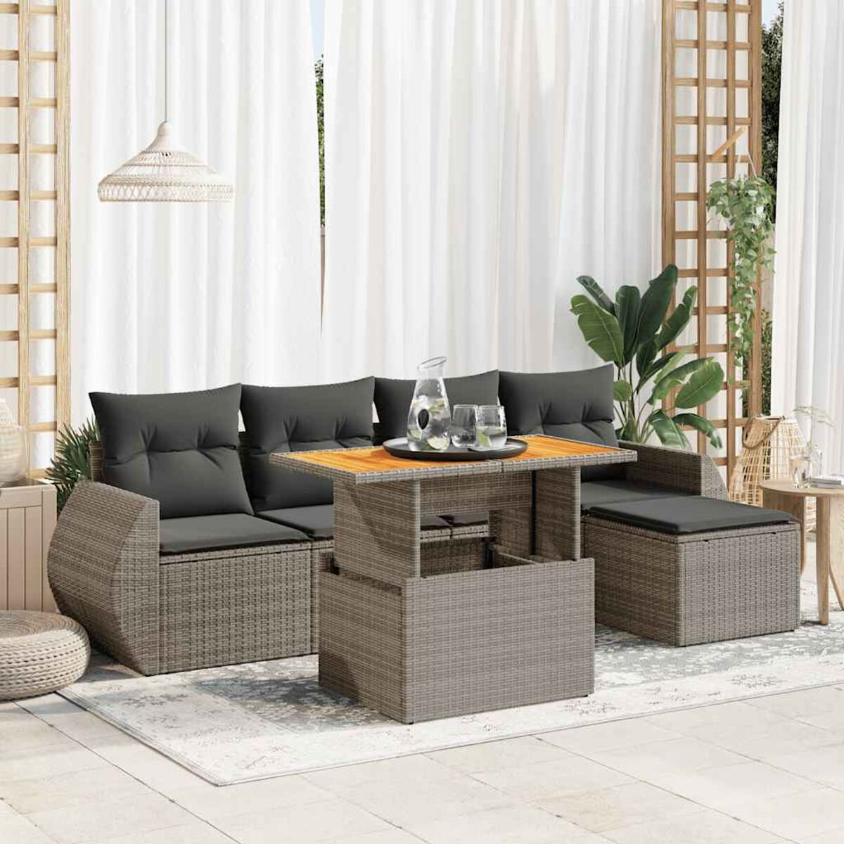 VidaXL Set Divano Da Giardino 6 Pezzi In Polyrattan Grigio Con Cuscini E Gambe In Eucalipto - 2
