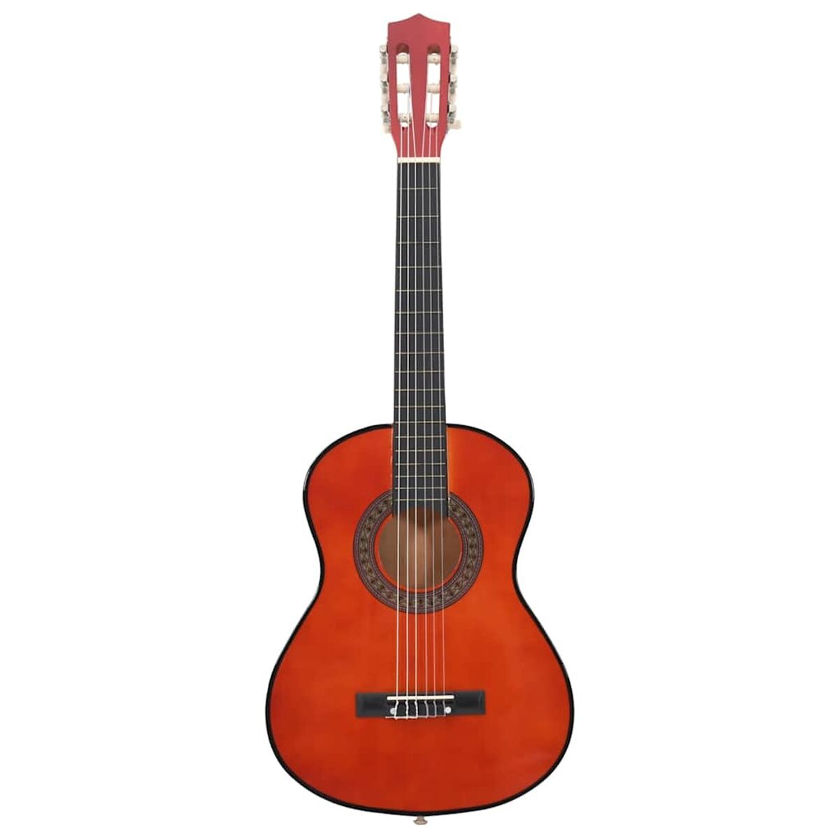 Akustikgitarre, orangerote Farbe, Vorderansicht. Weißer Hintergrund.