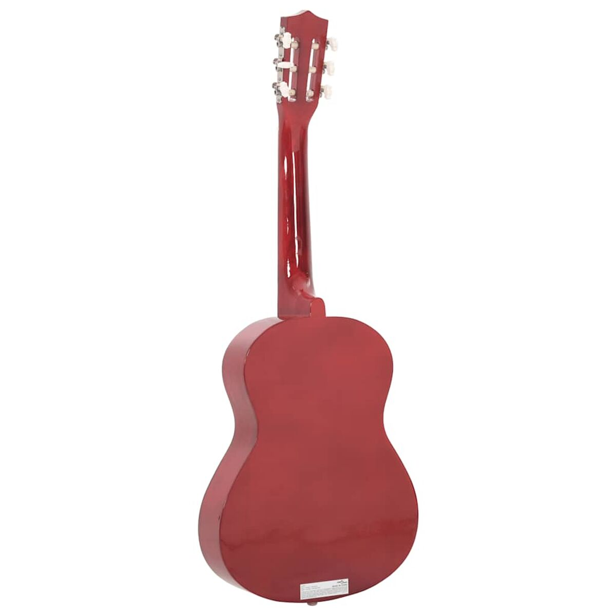 Rückansicht einer roten Akustikgitarre. Der Korpus ist glänzend, die Kopfplatte hat weiße Wirbel.