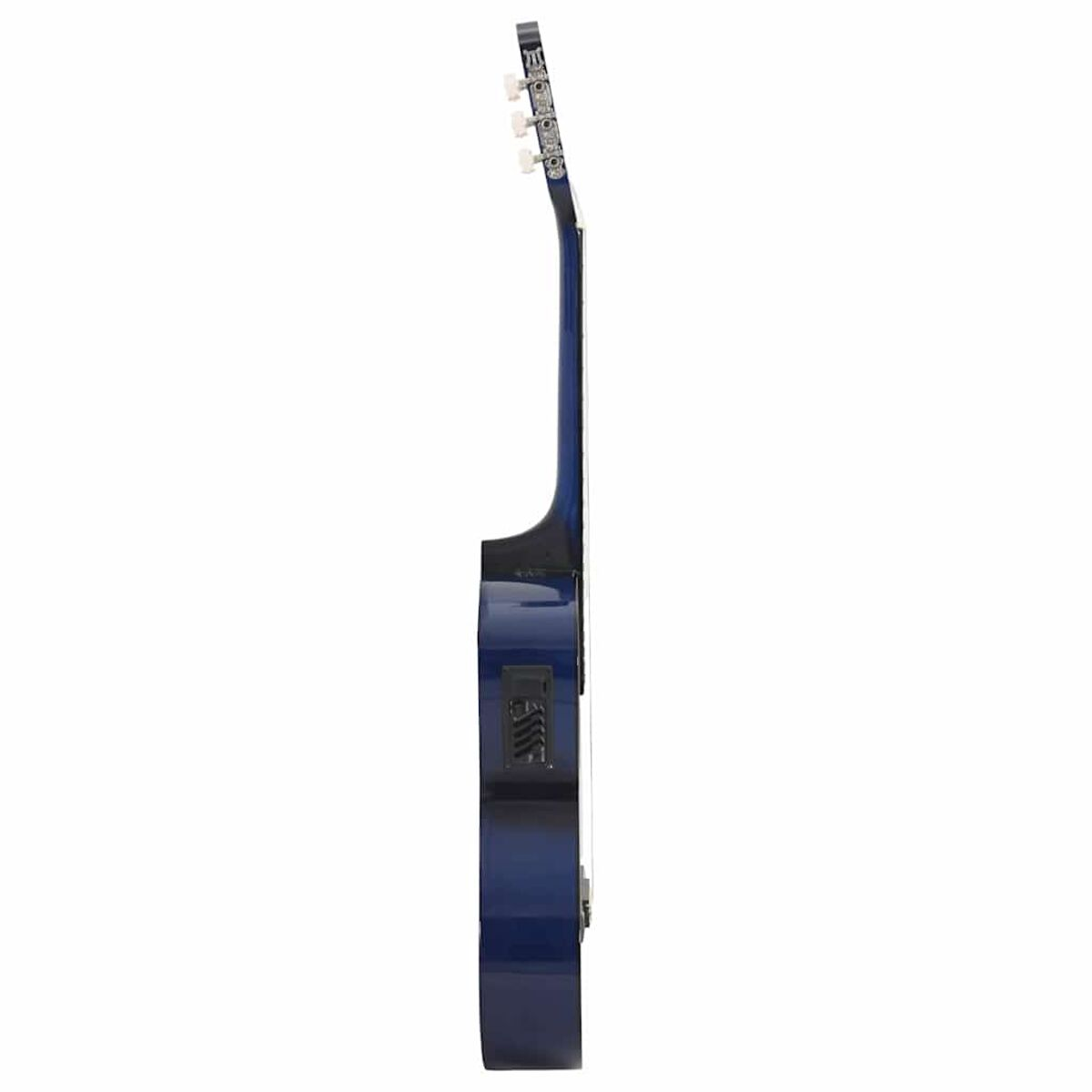 Seitenansicht einer blauen Akustikgitarre.