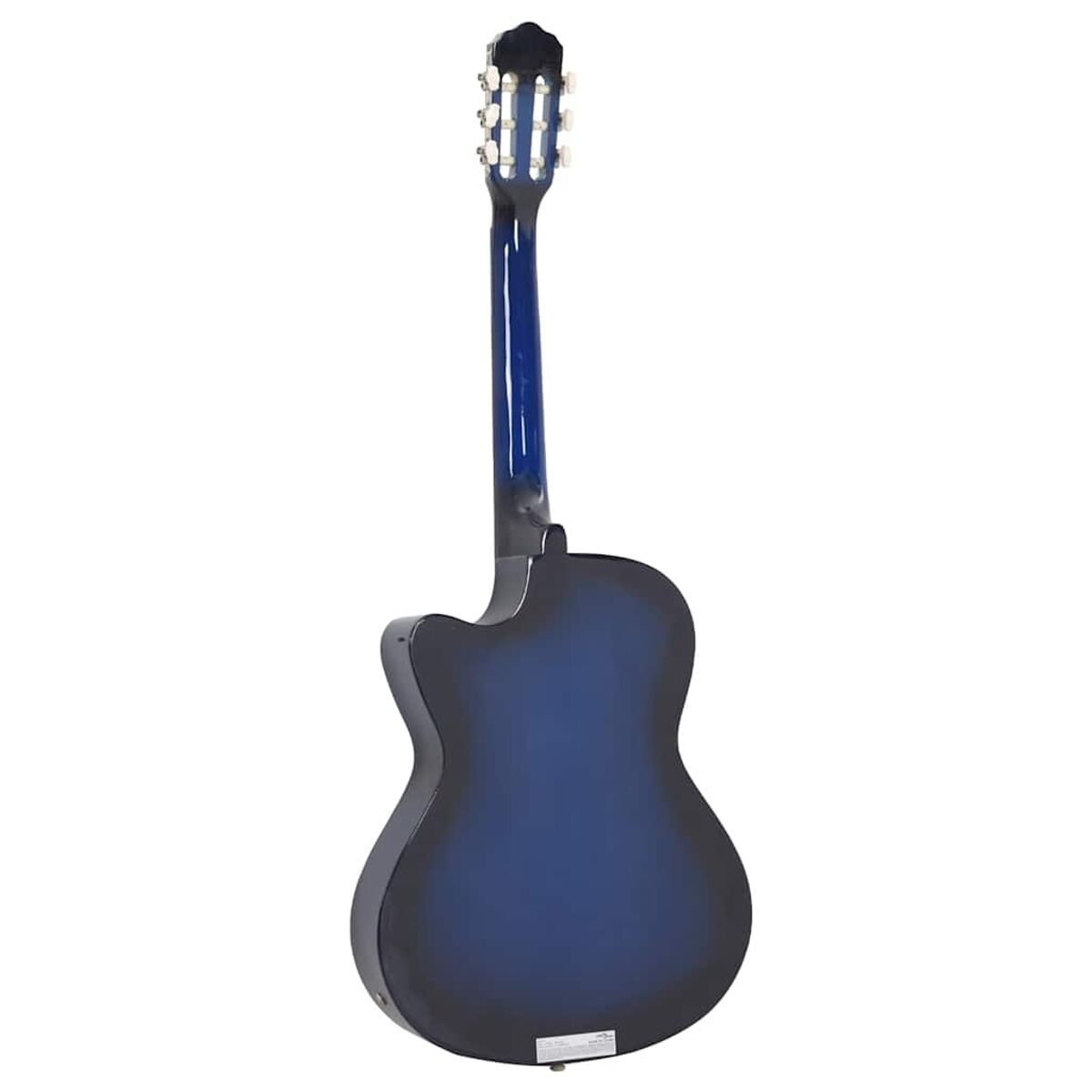 Die Rückseite einer blauen und schwarzen Gitarre. Es hat einen Cutaway und weiße Wirbel.