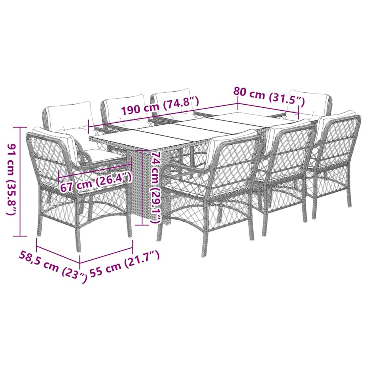 Ein Diagramm eines Esszimmersets aus Rattan für den Außenbereich, einschließlich Tisch und Stühlen.