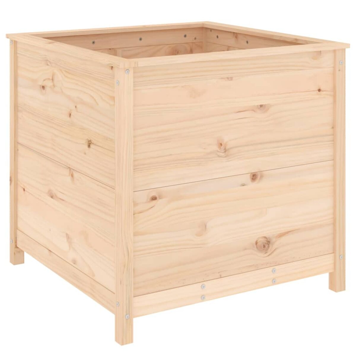 Viereckiger Pflanzkasten aus Holz. Es ist hellbraun und aus Holz gefertigt.
