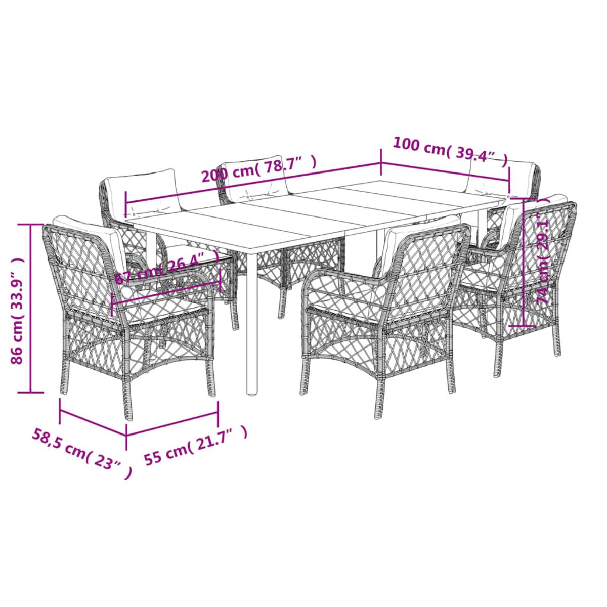 Ein weißer Tisch mit sechs Stühlen. Tisch und Stühle sind aus gewebtem Material mit Maßangaben in cm.