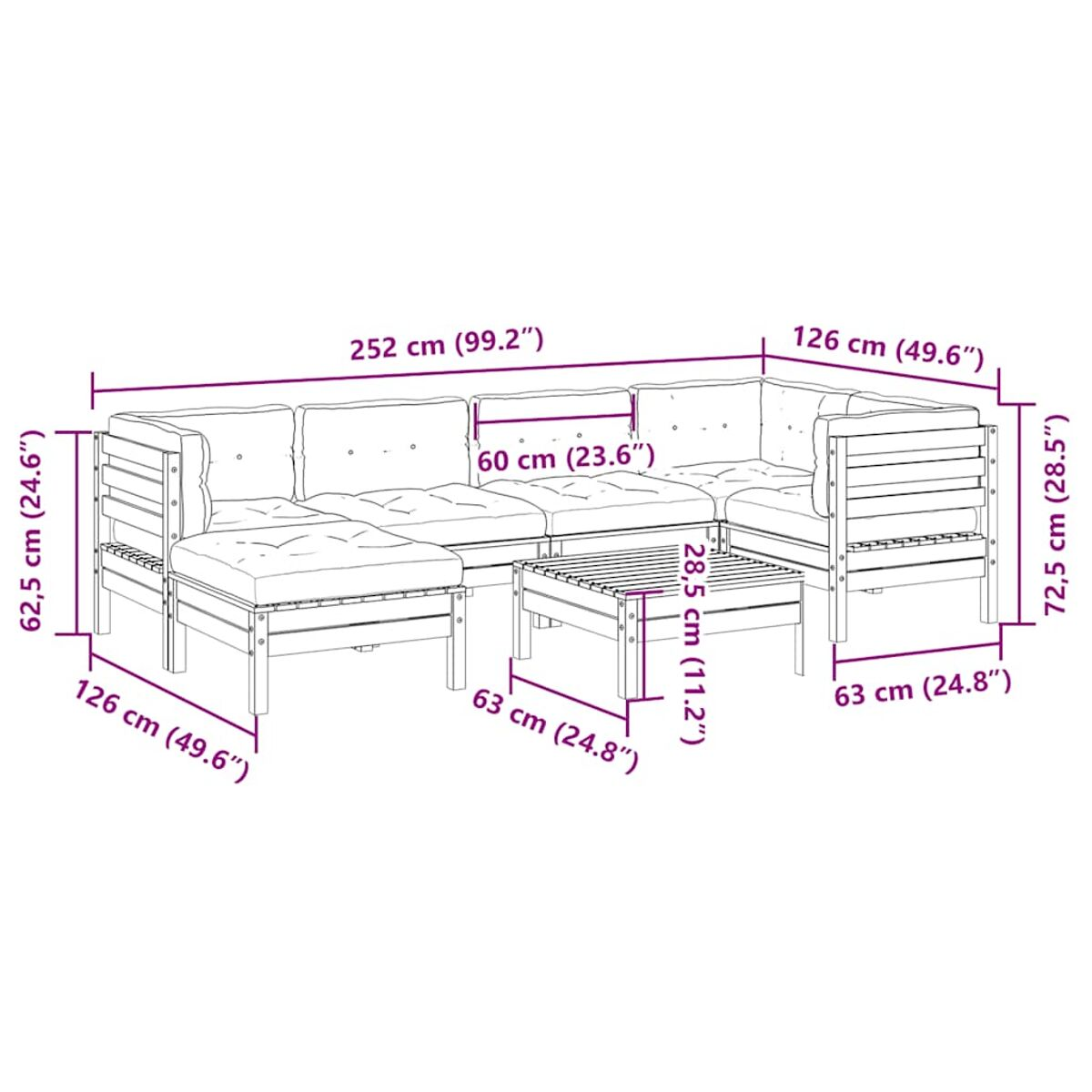 Ein großes Modulsofa. Es hat mehrere Abschnitte, ist helles Holz und hat graue Kissen.