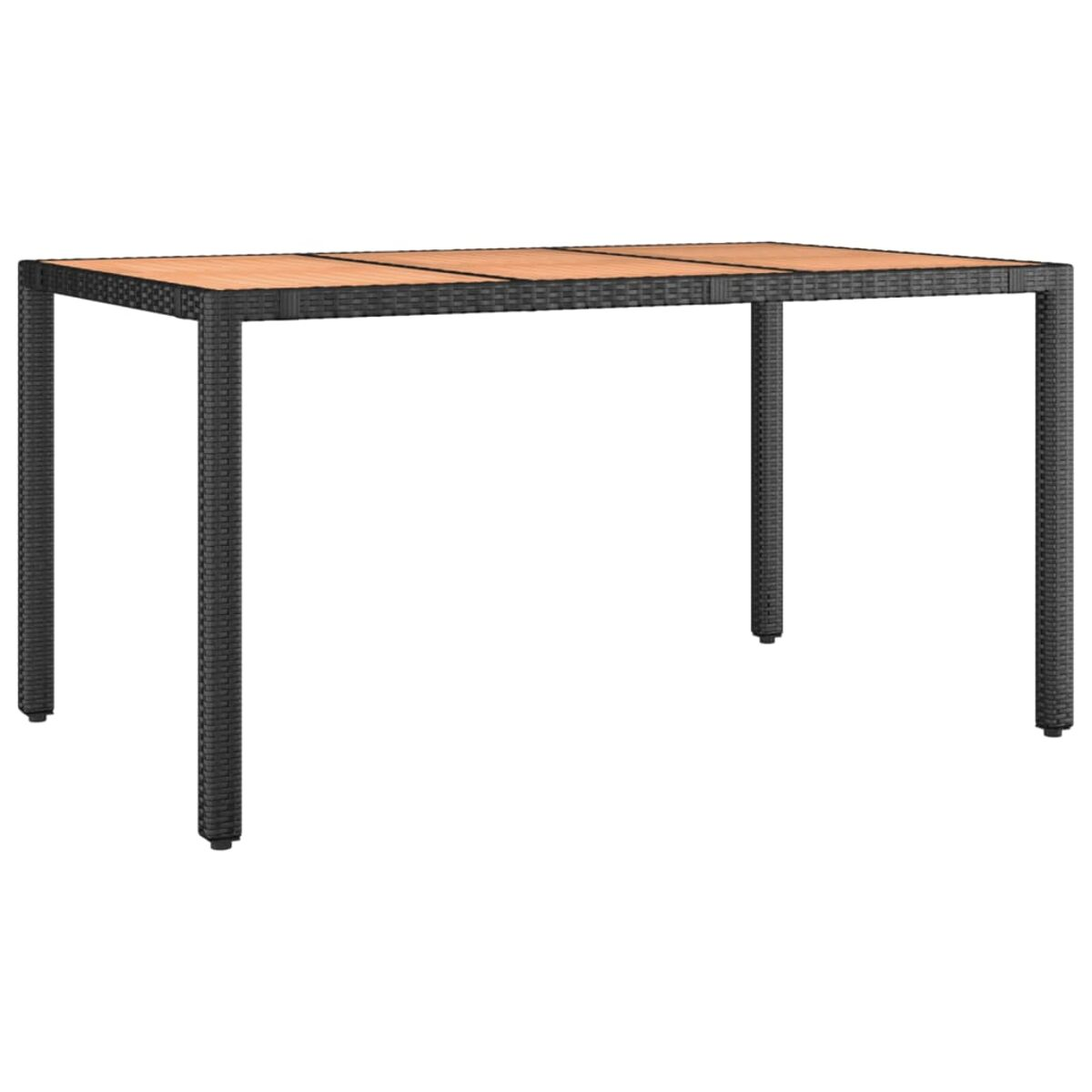 Rechteckiger Gartentisch. Korbflechtsockel, Holzplatte, schwarze Beine.