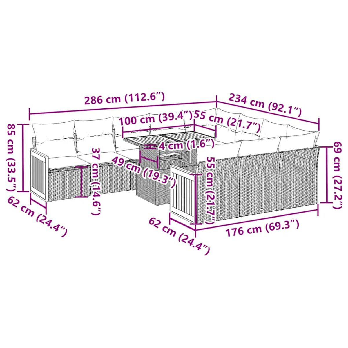 Geflochtenes Outdoor-Möbel-Set mit Maßen. Sofas und Tisch. Weißer Hintergrund.