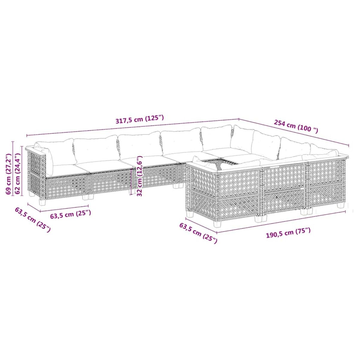 Diagramma con le dimensioni di un grande divano angolare da esterno, con misure in cm e pollici.