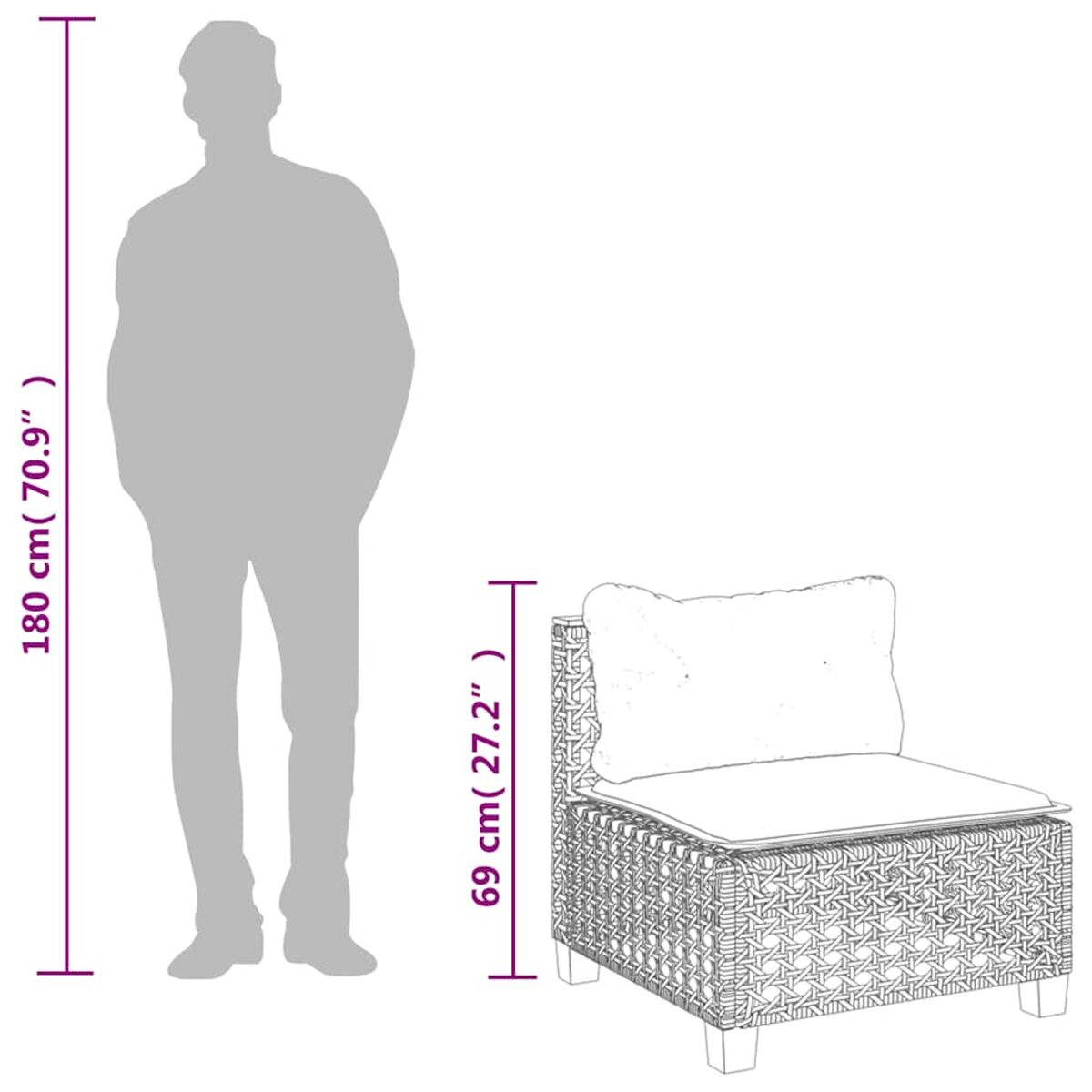 Una sagoma di persona accanto a una sedia da esterno intrecciata. Le dimensioni sono indicate.