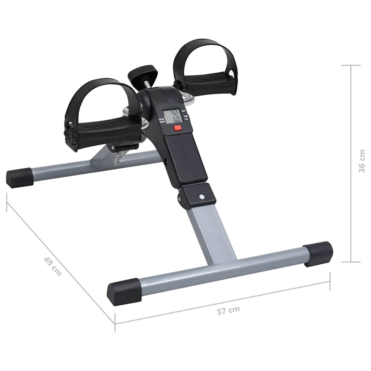 Mini-Heimtrainer mit Digitalanzeige und Maßen. Schwarze Pedale und grauer Rahmen.
