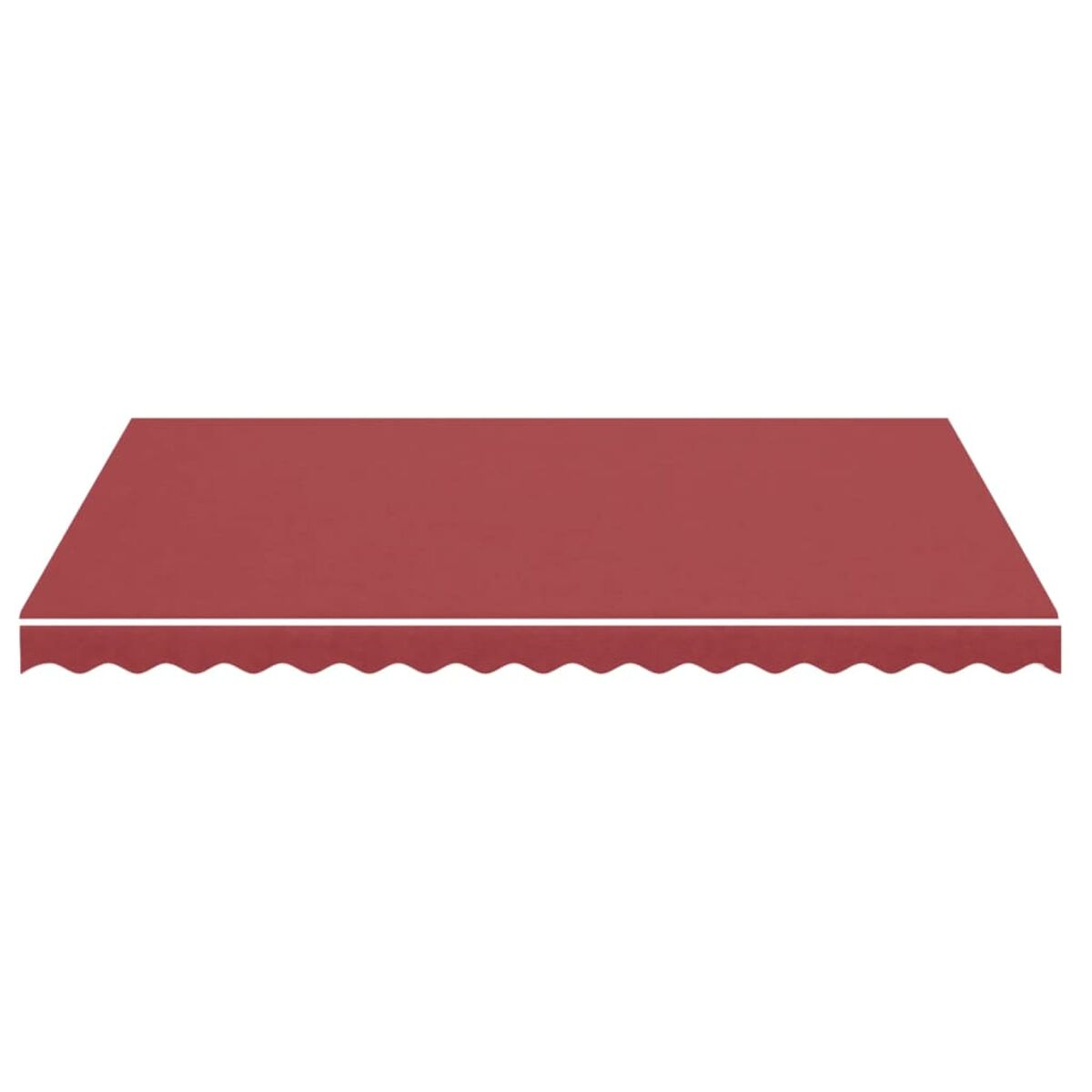 Rote Markise mit gewelltem Rand, vor weißem Hintergrund. Klares, schlichtes Design.