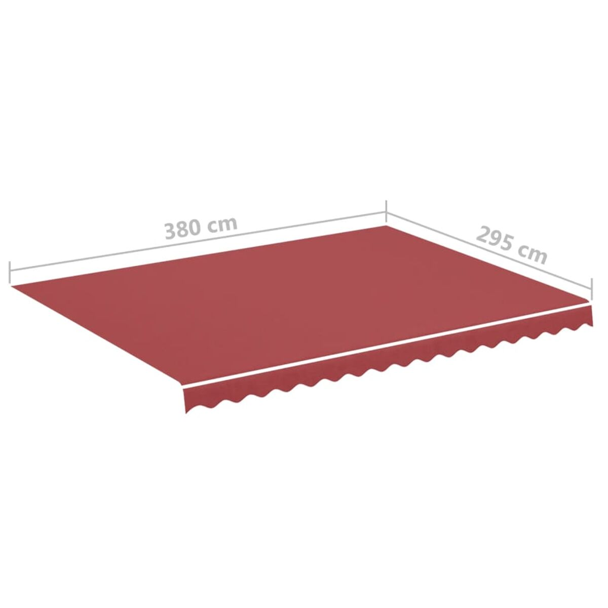 Ein rotes Sonnensegel, Abmessungen 380cm x 295cm. Der Markisenrand ist gewellt.