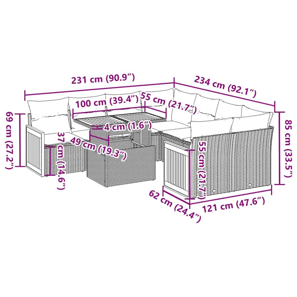 Gartenmöbel-Set mit Maßen, einschließlich Sofa, Tisch und zusätzlichen Sitzgelegenheiten. Abmessungen sind angegeben.