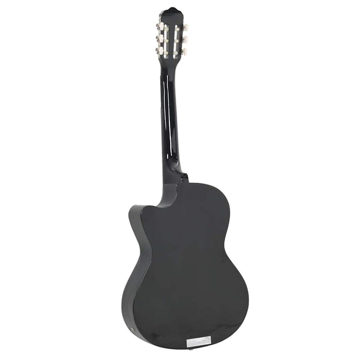 Die Rückseite einer schwarzen Akustikgitarre.