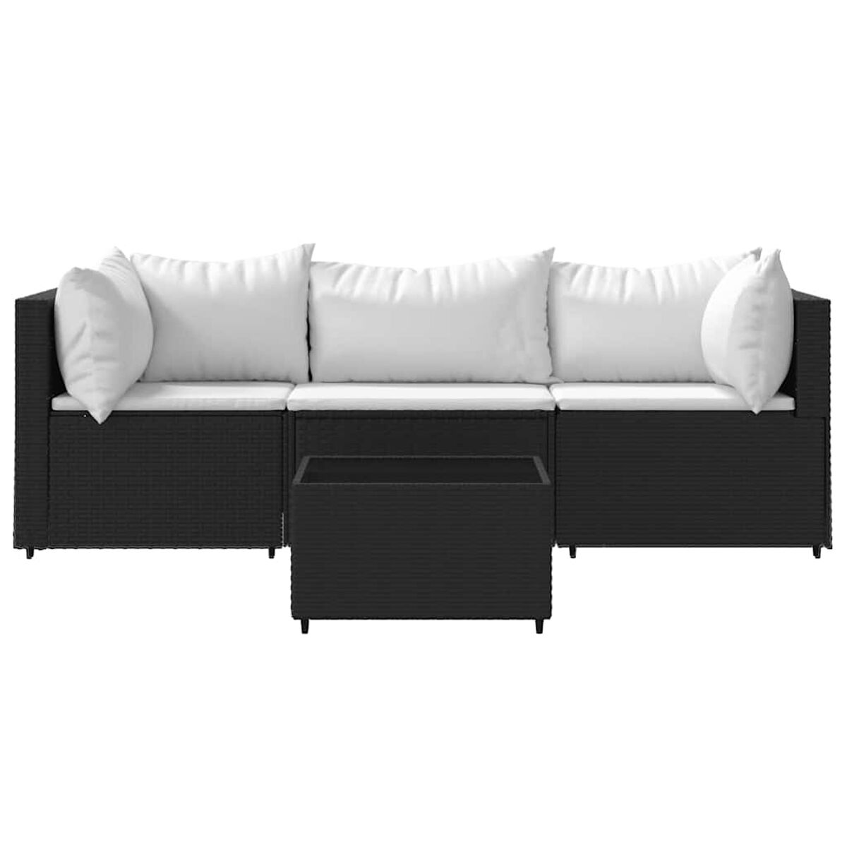 Schwarzes Outdoor-Sitzset aus Korbgeflecht mit weißen Kissen und Kissen, einschließlich eines kleinen Tisches.