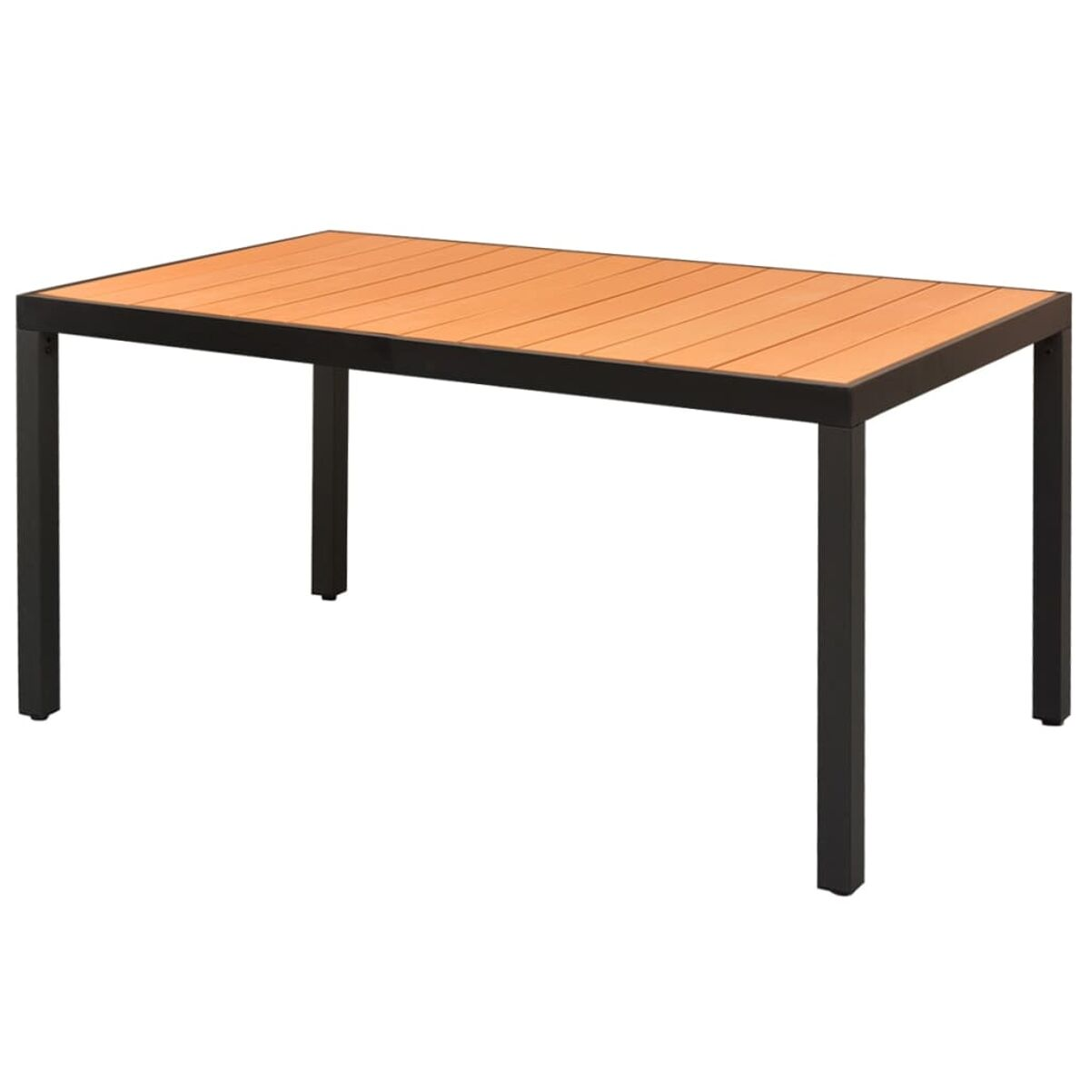 Holztisch mit schwarzem Metallrahmen, drinnen.